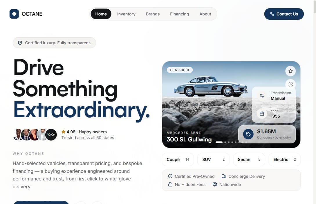 OCTANE Luxury Car Dealership website